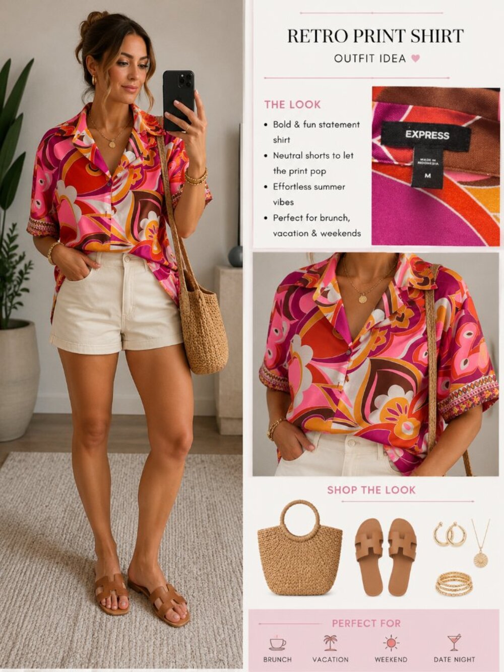 ✨ Express Retro Swirl Satin Button Down Blouse – Pink Orange Y2K Style – Medium